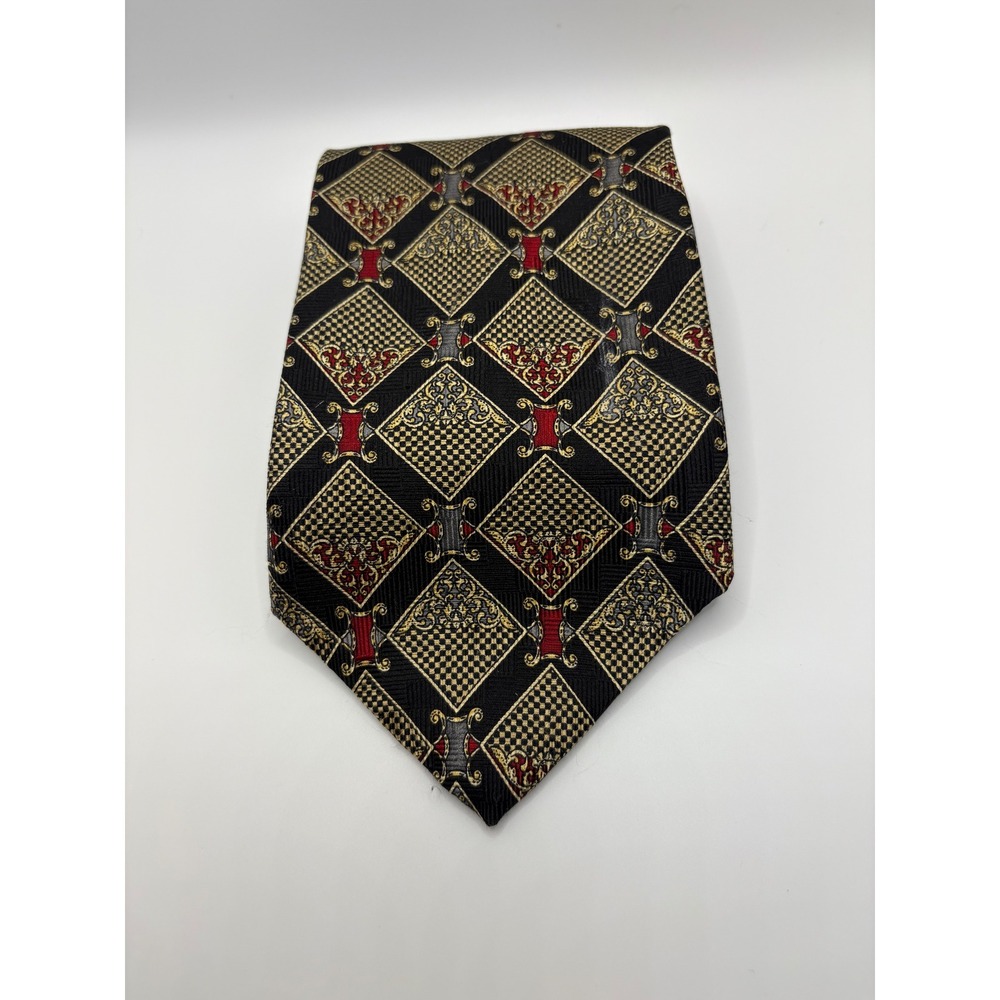 Pierre Balmain Paris Mens Silk Tie Black Gold Red Diamond Geometric Made in USA